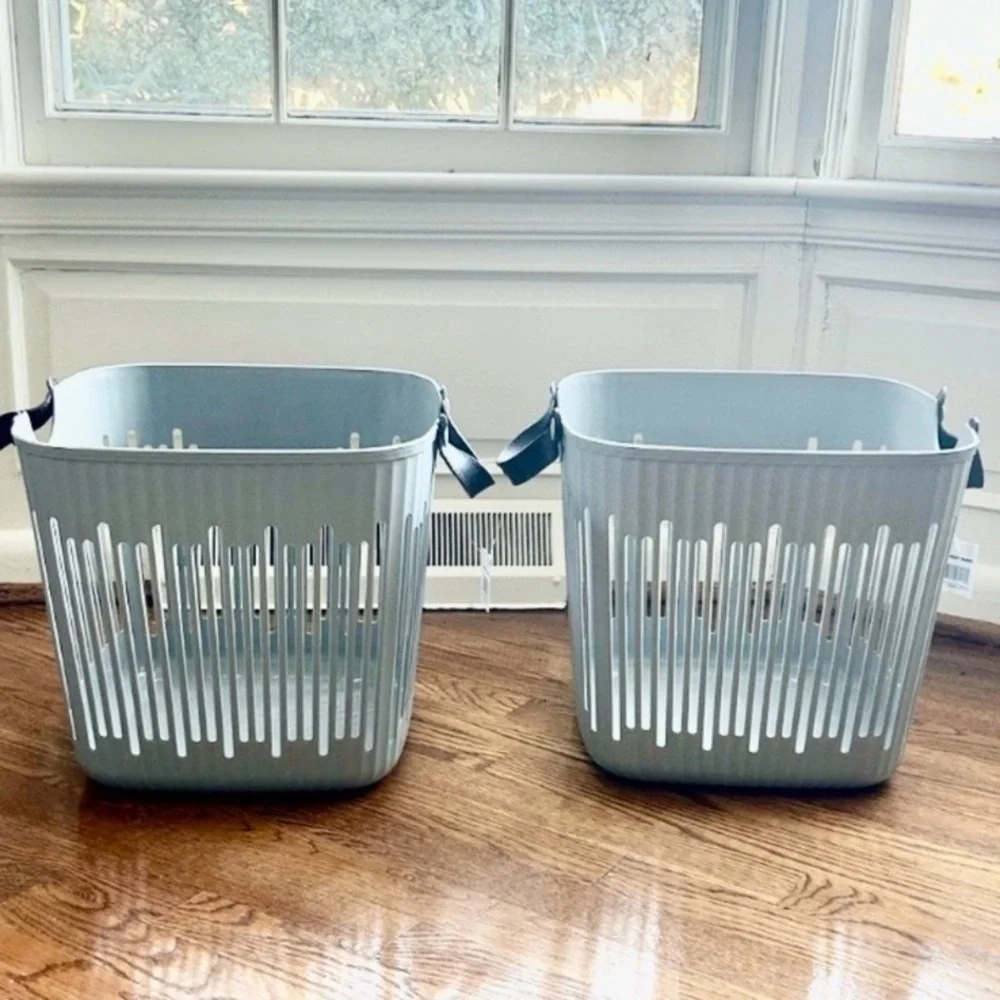 Japandi Scandinavian Modern Slotted Laundry Basket Leather Handles New Gray Tote